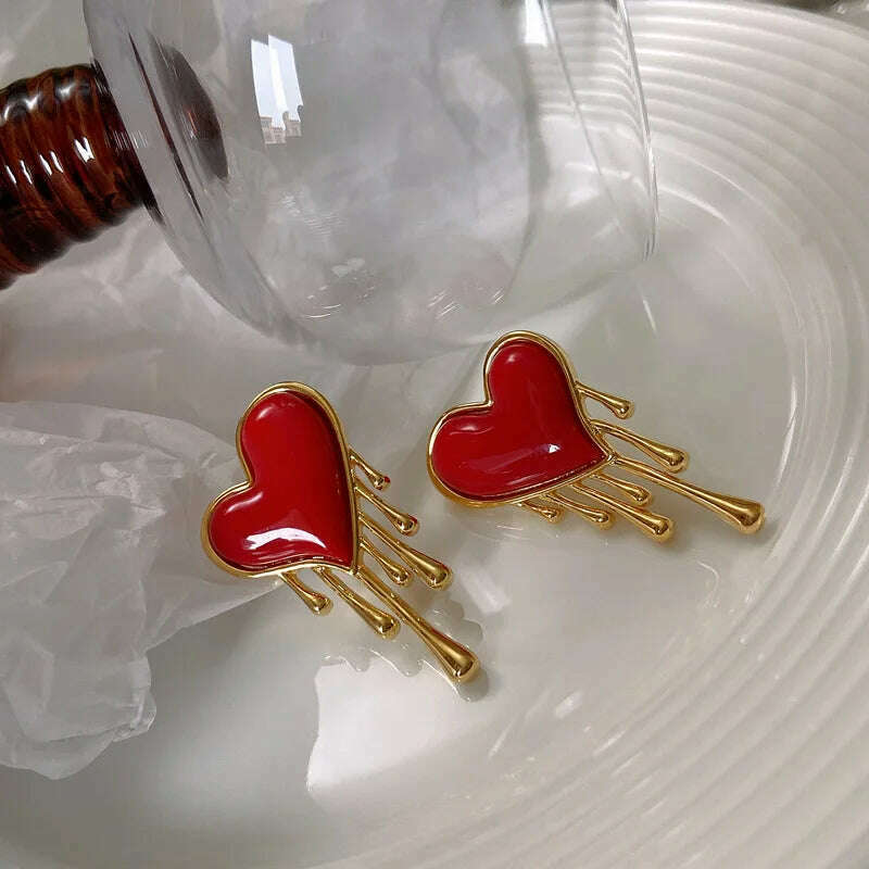 KIMLUD, European And American Retro Creative Melting Peach Heart Simple Red Earrings Female, KIMLUD Women's Clothes