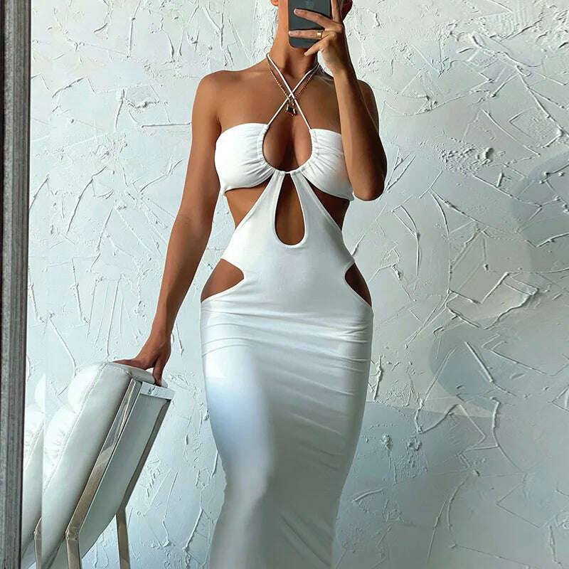 KIMLUD, European and American sexy hanging neck hollow out dress Y2k women's solid color backless lace up hollow out dress, Bai / M, KIMLUD APPAREL - Womens Clothes