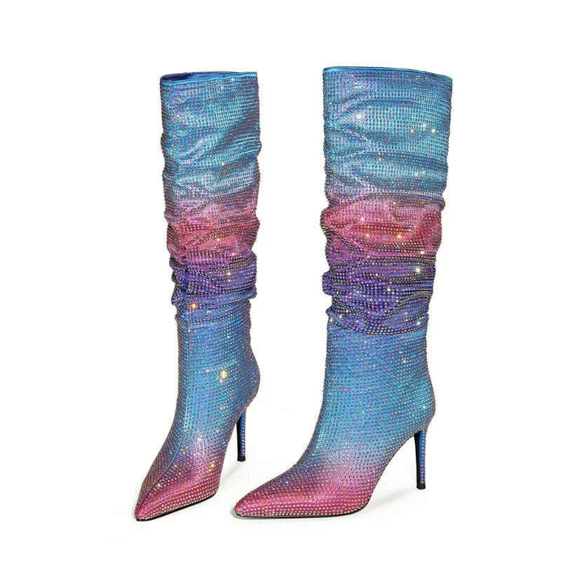 European and American Women's Gradient Rhinestone Boots, Fashionable Pleated Sleeve Boots, Slim High Heels, Size 47 Large Boots - KIMLUD