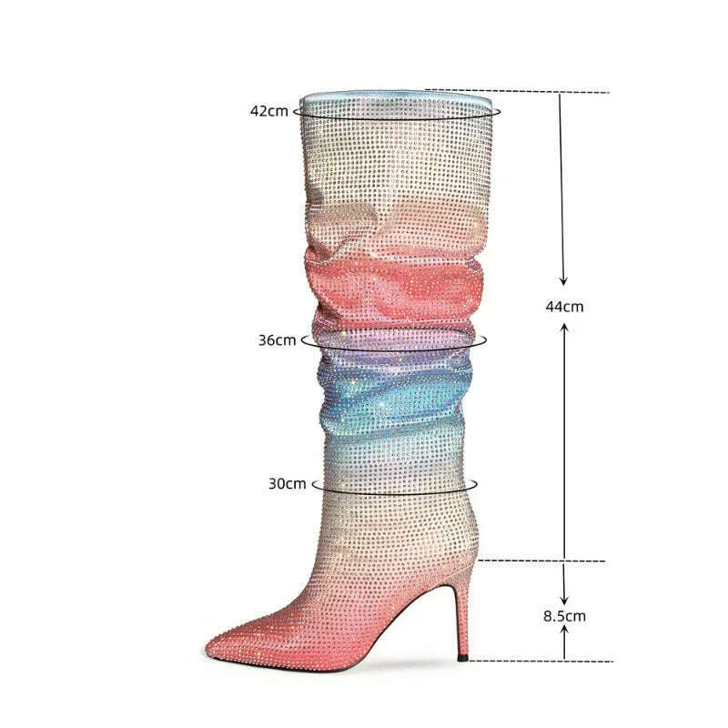 European and American Women's Gradient Rhinestone Boots, Fashionable Pleated Sleeve Boots, Slim High Heels, Size 47 Large Boots - KIMLUD
