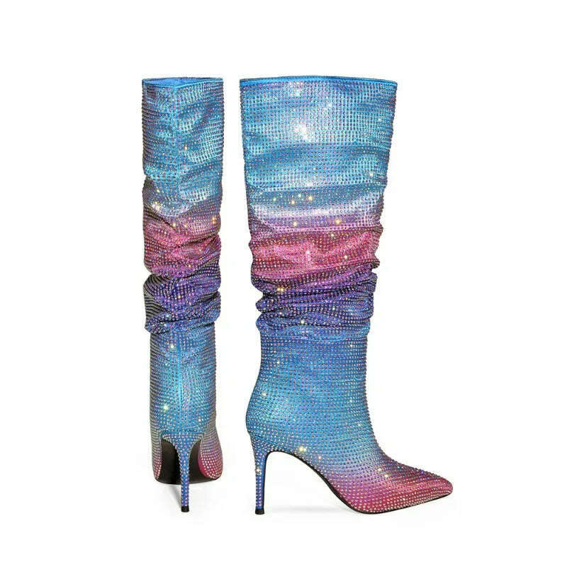 European and American Women's Gradient Rhinestone Boots, Fashionable Pleated Sleeve Boots, Slim High Heels, Size 47 Large Boots - KIMLUD