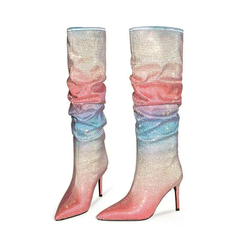 European and American Women's Gradient Rhinestone Boots, Fashionable Pleated Sleeve Boots, Slim High Heels, Size 47 Large Boots - KIMLUD
