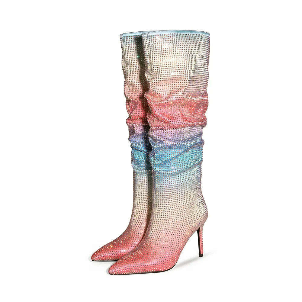 European and American Women's Gradient Rhinestone Boots, Fashionable Pleated Sleeve Boots, Slim High Heels, Size 47 Large Boots - KIMLUD