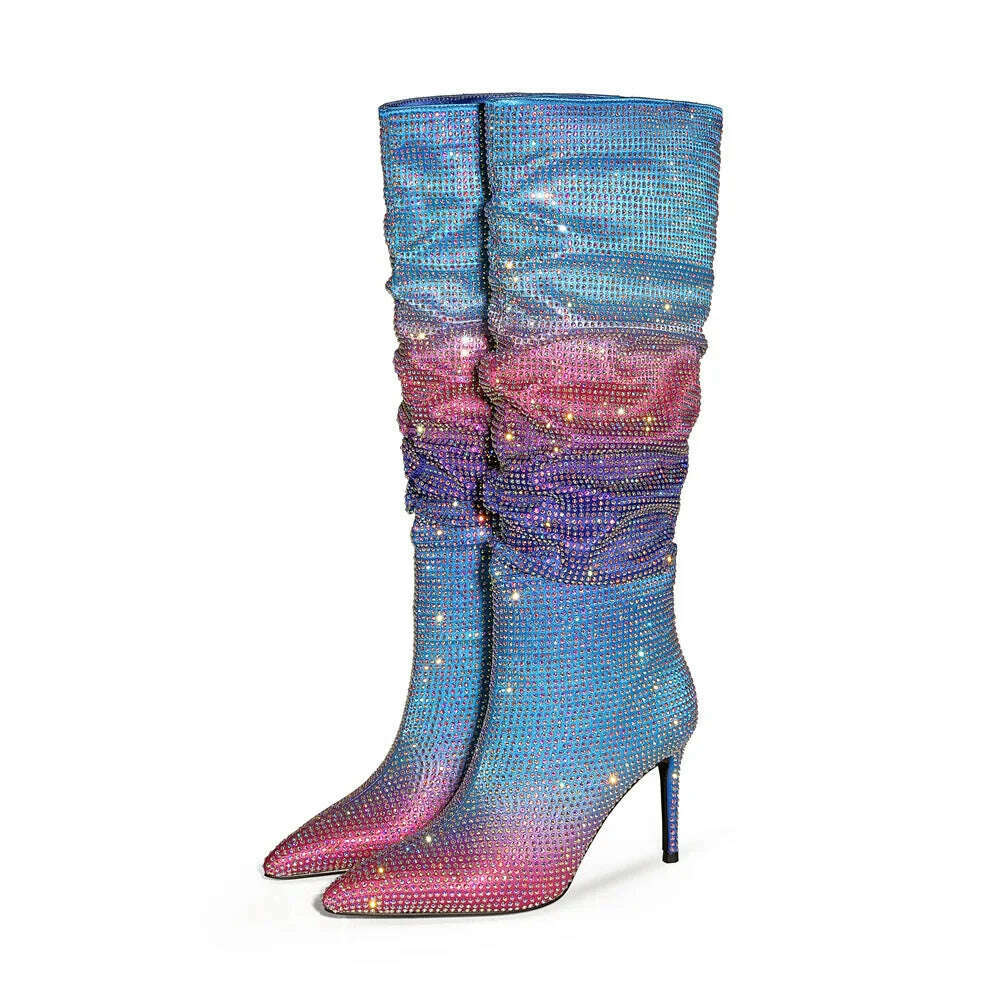 European and American Women's Gradient Rhinestone Boots, Fashionable Pleated Sleeve Boots, Slim High Heels, Size 47 Large Boots - KIMLUD