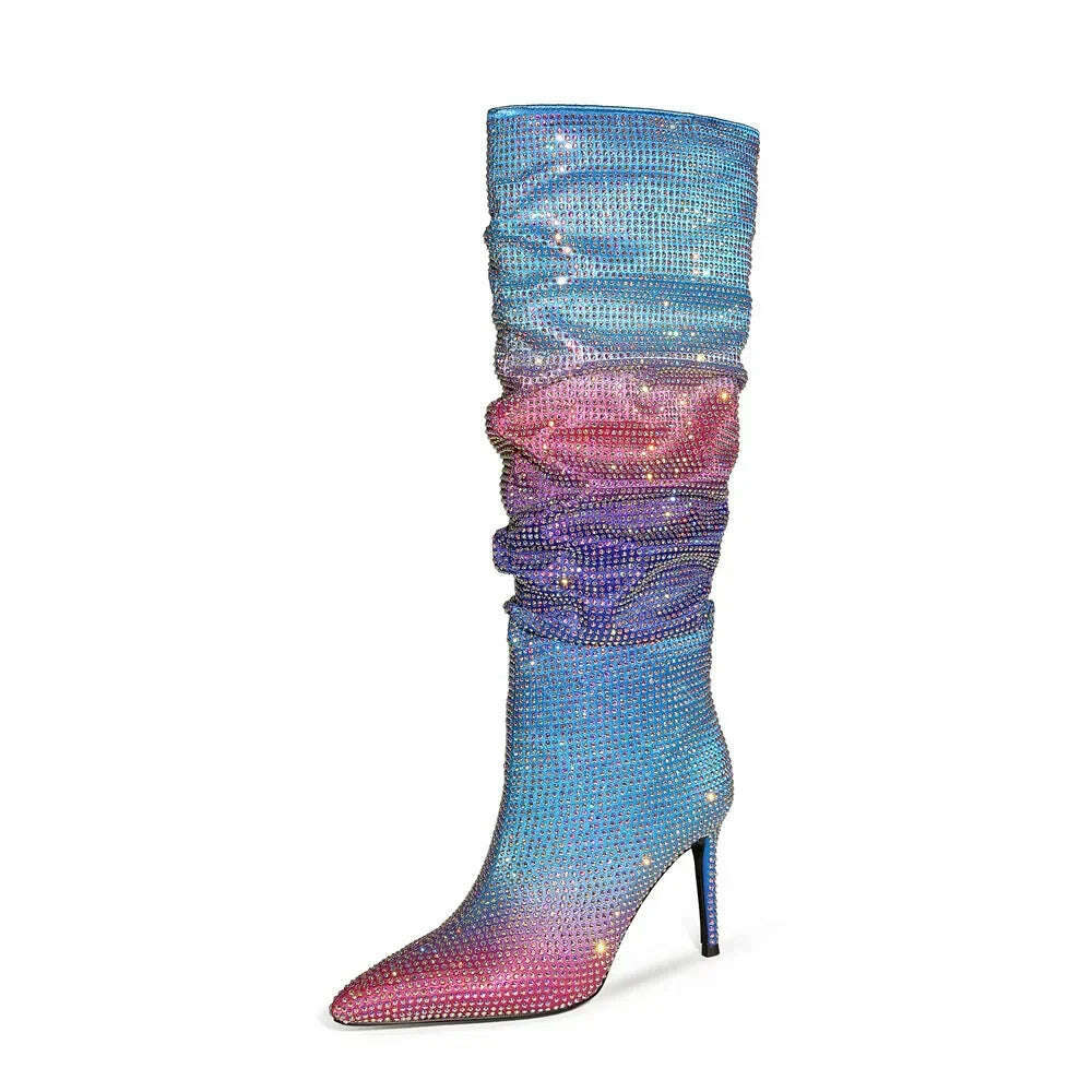 European and American Women's Gradient Rhinestone Boots, Fashionable Pleated Sleeve Boots, Slim High Heels, Size 47 Large Boots - KIMLUD