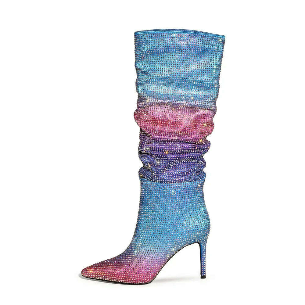 European and American Women's Gradient Rhinestone Boots, Fashionable Pleated Sleeve Boots, Slim High Heels, Size 47 Large Boots - KIMLUD