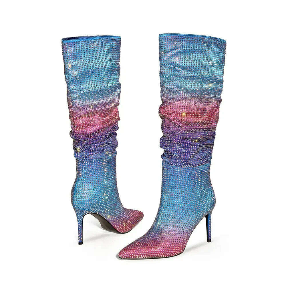 European and American Women's Gradient Rhinestone Boots, Fashionable Pleated Sleeve Boots, Slim High Heels, Size 47 Large Boots - KIMLUD