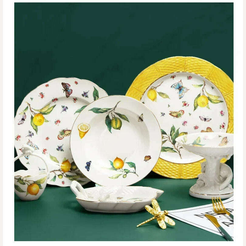 KIMLUD, European Lemon Pattern Ceramic Plate Tableware Cutlery Dinnerware Set Dinner Dish Crockery Kitchen Cutlery Fruit Bowl Sugar bowl, KIMLUD Womens Clothes