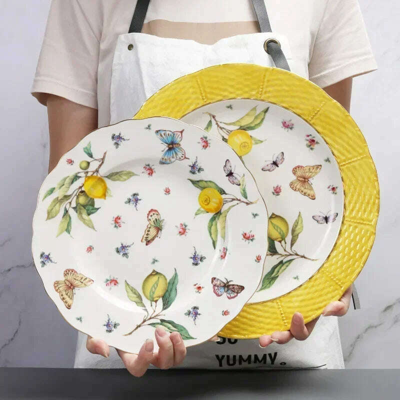 KIMLUD, European Lemon Pattern Ceramic Plate Tableware Cutlery Dinnerware Set Dinner Dish Crockery Kitchen Cutlery Fruit Bowl Sugar bowl, KIMLUD Womens Clothes