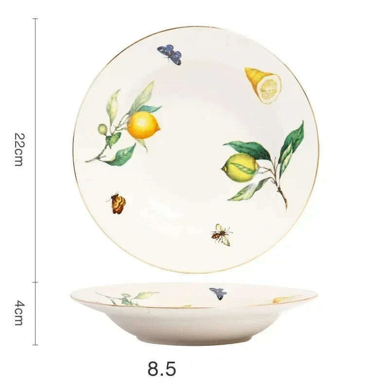 KIMLUD, European Lemon Pattern Ceramic Plate Tableware Cutlery Dinnerware Set Dinner Dish Crockery Kitchen Cutlery Fruit Bowl Sugar bowl, 8.5 inch plate, KIMLUD Womens Clothes