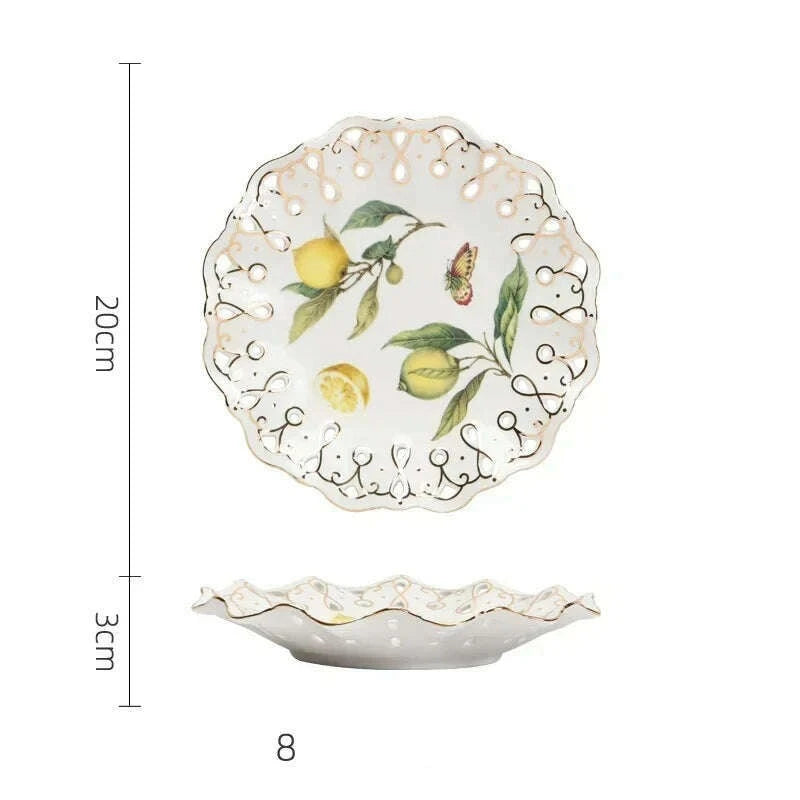 KIMLUD, European Lemon Pattern Ceramic Plate Tableware Cutlery Dinnerware Set Dinner Dish Crockery Kitchen Cutlery Fruit Bowl Sugar bowl, 8 inch plate, KIMLUD Womens Clothes