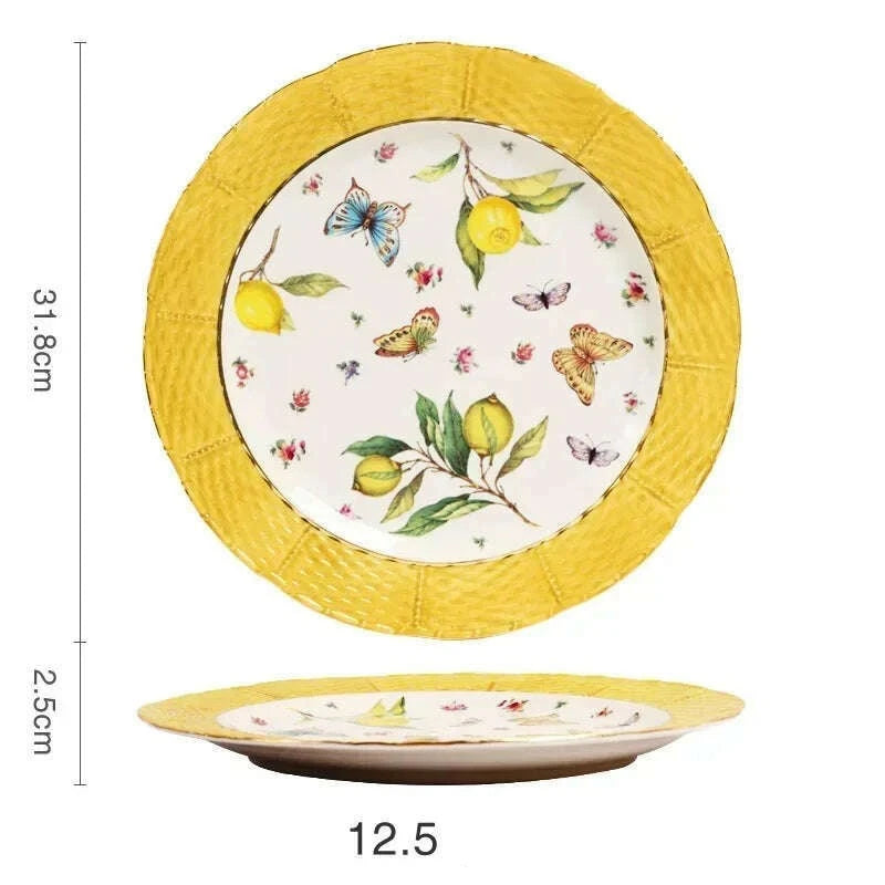 KIMLUD, European Lemon Pattern Ceramic Plate Tableware Cutlery Dinnerware Set Dinner Dish Crockery Kitchen Cutlery Fruit Bowl Sugar bowl, 12.5 inch plate, KIMLUD Womens Clothes