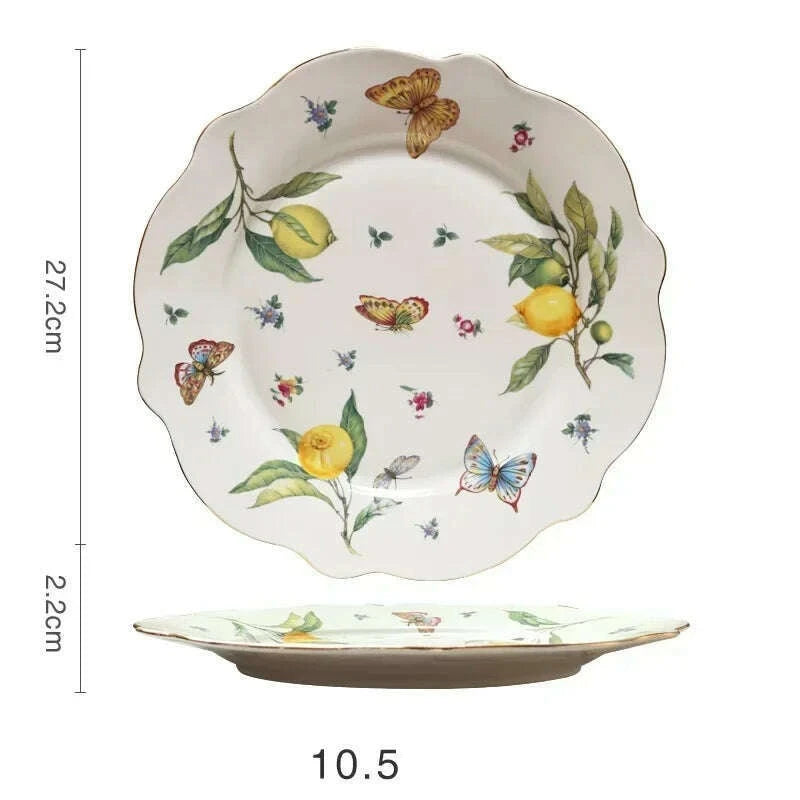 KIMLUD, European Lemon Pattern Ceramic Plate Tableware Cutlery Dinnerware Set Dinner Dish Crockery Kitchen Cutlery Fruit Bowl Sugar bowl, 10.5 inch plate, KIMLUD Womens Clothes