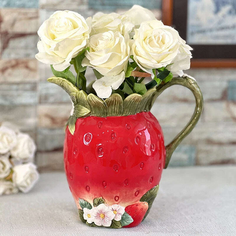 KIMLUD, European pastoral style creative strawberry ceramic vase living room decoration Fresh flower vase home decoration new home gift, KIMLUD Womens Clothes