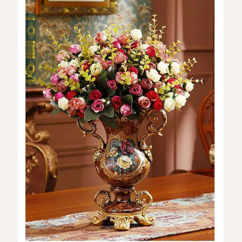 KIMLUD, European Resin Vase+Artificial Flower Set Decor Home Office Furnishing Decoration Crafts Livingroom Silk Fake Flower Pot Artwork, KIMLUD Womens Clothes