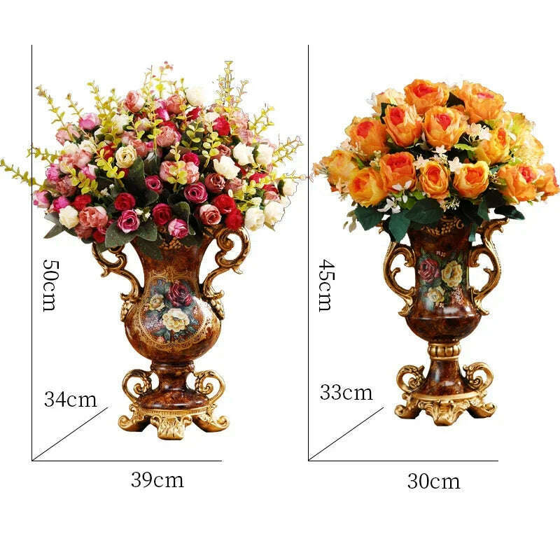 KIMLUD, European Resin Vase+Artificial Flower Set Decor Home Office Furnishing Decoration Crafts Livingroom Silk Fake Flower Pot Artwork, KIMLUD Womens Clothes