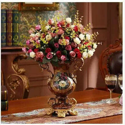 KIMLUD, European Resin Vase+Artificial Flower Set Decor Home Office Furnishing Decoration Crafts Livingroom Silk Fake Flower Pot Artwork, style2-with flower, KIMLUD Womens Clothes