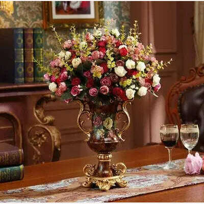 KIMLUD, European Resin Vase+Artificial Flower Set Decor Home Office Furnishing Decoration Crafts Livingroom Silk Fake Flower Pot Artwork, style4-with flower, KIMLUD Womens Clothes