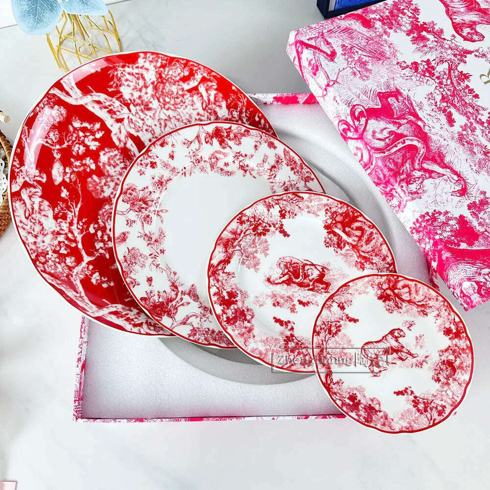 KIMLUD, European-style Ceramic Round Plate Suit Dishes Bone China Salad Fruit Cake Plate with Gift Box Household Tableware, 4 pieces, KIMLUD APPAREL - Womens Clothes