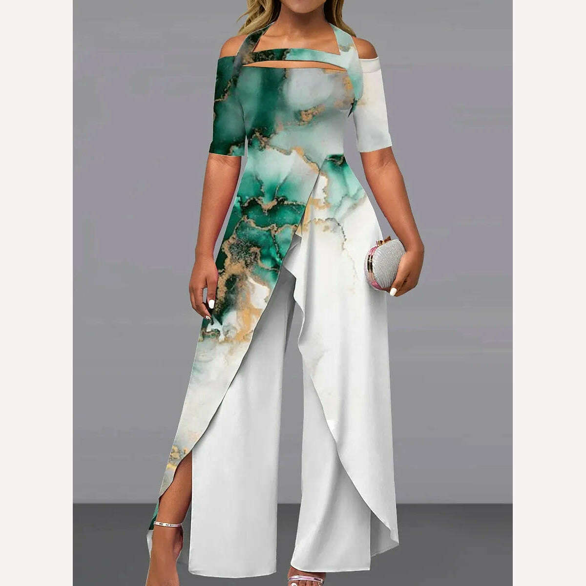 KIMLUD, European Style Elegant Woman Jumpsuit Plus Size Summer Printed Long Overalls Playsuit Beach Wide Leg Pants Romper, Army Green / S, KIMLUD APPAREL - Womens Clothes
