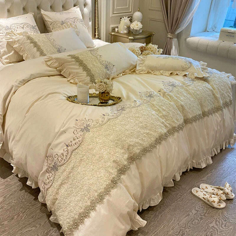 KIMLUD, European-Style Luxury High-End 100 Cotton Four-Piece Set Exquisite Lace Embroidery Cotton Quilt Cover Bed Sheet Bedding, KIMLUD Women's Clothes