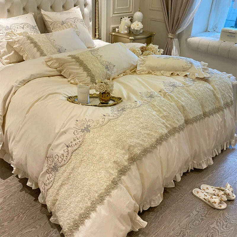 KIMLUD, 100 Percent Cotton Lace Embroidered Reactive Printing Four Piece Bed Set — White | KIMLUD, KIMLUD Womens Clothes