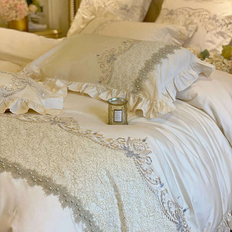 KIMLUD, European-Style Luxury High-End 100 Cotton Four-Piece Set Exquisite Lace Embroidery Cotton Quilt Cover Bed Sheet Bedding, KIMLUD Womens Clothes