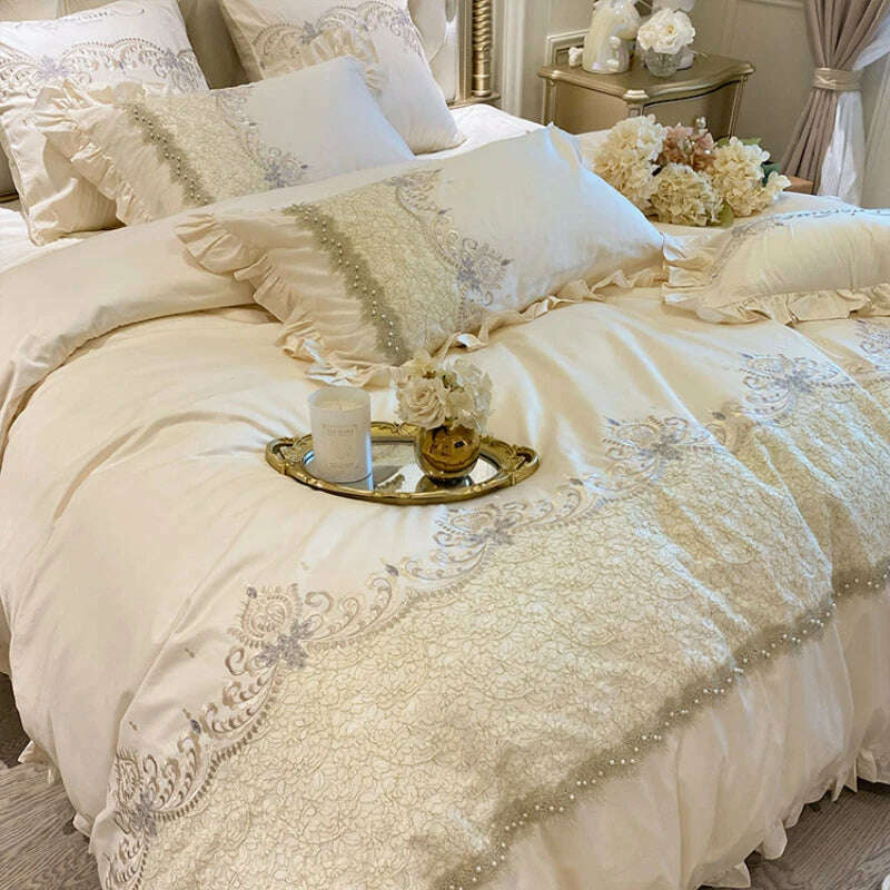 KIMLUD, European-Style Luxury High-End 100 Cotton Four-Piece Set Exquisite Lace Embroidery Cotton Quilt Cover Bed Sheet Bedding, KIMLUD Women's Clothes