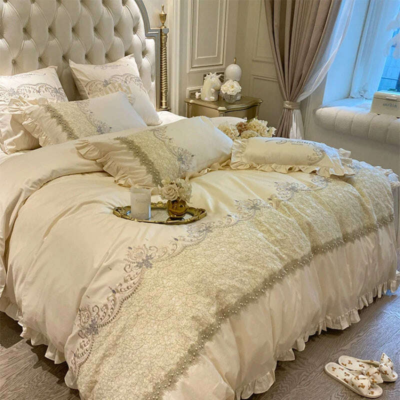 KIMLUD, European-Style Luxury High-End 100 Cotton Four-Piece Set Exquisite Lace Embroidery Cotton Quilt Cover Bed Sheet Bedding, White / 1.5m four piece set, KIMLUD Women's Clothes