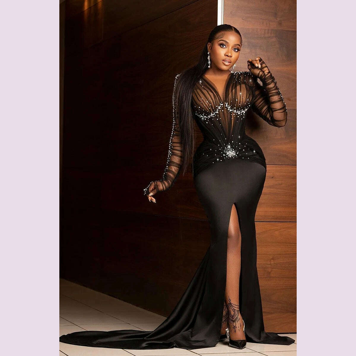 Evening Dress for Women Plus Size Sequin Slim Paty Club Elegant Long Sleeve Ruched Rhinestone Pearl Decor Slit Train Maxi Dress - KIMLUD