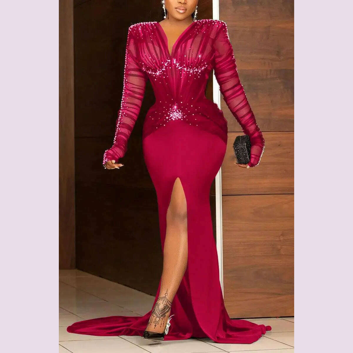Evening Dress for Women Plus Size Sequin Slim Paty Club Elegant Long Sleeve Ruched Rhinestone Pearl Decor Slit Train Maxi Dress - KIMLUD