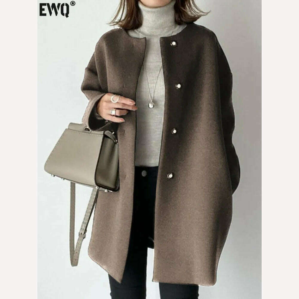 KIMLUD, [EWQ] Chic Women Woolen Coat Long Sleeve Single Breasted Loose Thick Overcoat Outwears Warmth Overcoat Jacket 2023 Autumn Winter, KIMLUD Womens Clothes