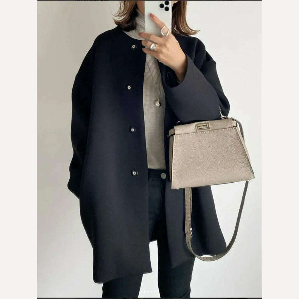 KIMLUD, [EWQ] Chic Women Woolen Coat Long Sleeve Single Breasted Loose Thick Overcoat Outwears Warmth Overcoat Jacket 2023 Autumn Winter, Black / M, KIMLUD APPAREL - Womens Clothes