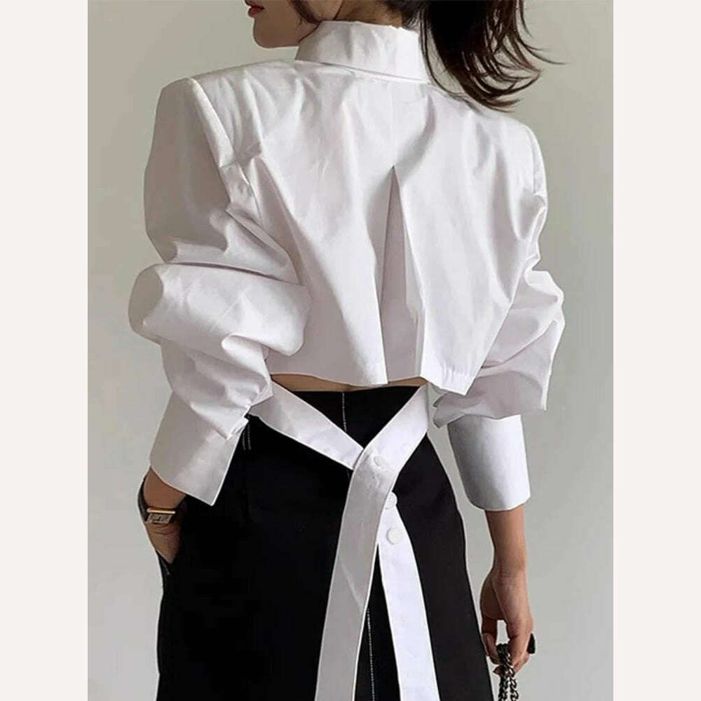 KIMLUD, [EWQ] Hollow Out Bandage Buckle Shirt Women Long Sleeve Single Breasted Blusas 2023 Autumn Winter New Fashion White Top 16U3824, KIMLUD Women's Clothes