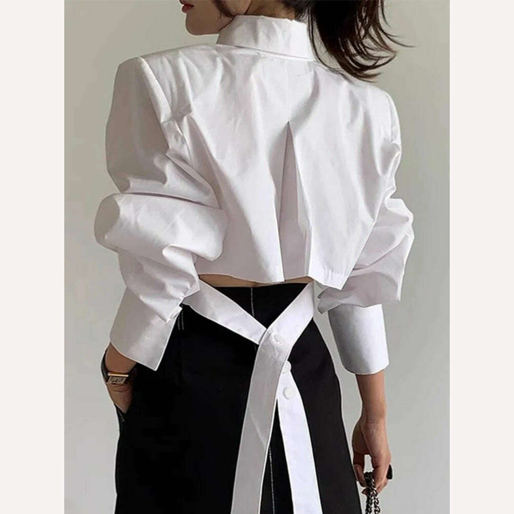 KIMLUD, [EWQ] Hollow Out Bandage Buckle Shirt Women Long Sleeve Single Breasted Blusas 2023 Autumn Winter New Fashion White Top 16U3824, KIMLUD Womens Clothes