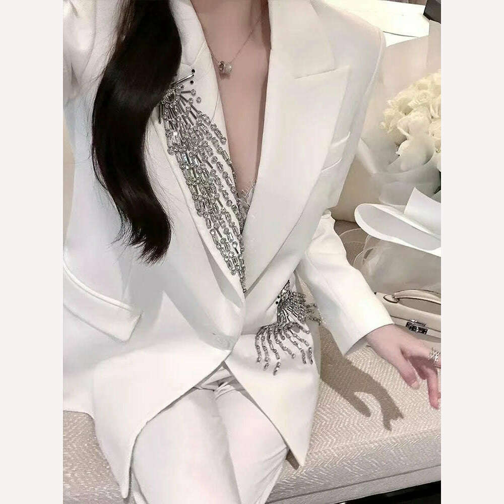 KIMLUD, [EWQ] Socialite Luxury Diamond Patchwork Design Notched Single Button Long Sleeve Blazer Casual Loose Suit Jacket Female 16U5598, White / S, KIMLUD Women's Clothes