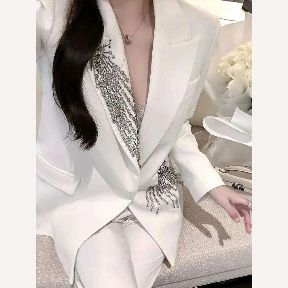 KIMLUD, [EWQ] Socialite Luxury Diamond Patchwork Design Notched Single Button Long Sleeve Blazer Casual Loose Suit Jacket Female 16U5598, White / S, KIMLUD APPAREL - Womens Clothes