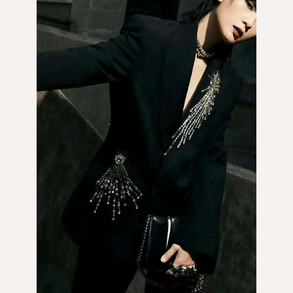 KIMLUD, [EWQ] Socialite Luxury Diamond Patchwork Design Notched Single Button Long Sleeve Blazer Casual Loose Suit Jacket Female 16U5598, Black / S, KIMLUD Womens Clothes