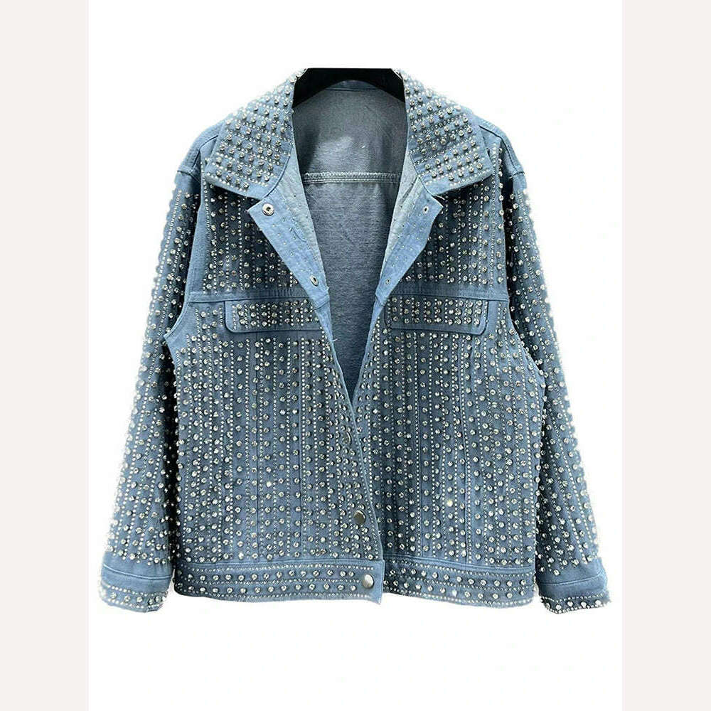 [EWQ] Streetwear Patchwork Rivet Denim Jacket Women Fashion Lapel Long Sleeve Loose Coats Female Outerwear 2023 Autumn New Trend - KIMLUD