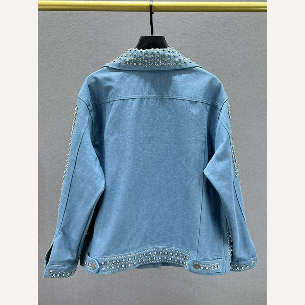 [EWQ] Streetwear Patchwork Rivet Denim Jacket Women Fashion Lapel Long Sleeve Loose Coats Female Outerwear 2023 Autumn New Trend - KIMLUD