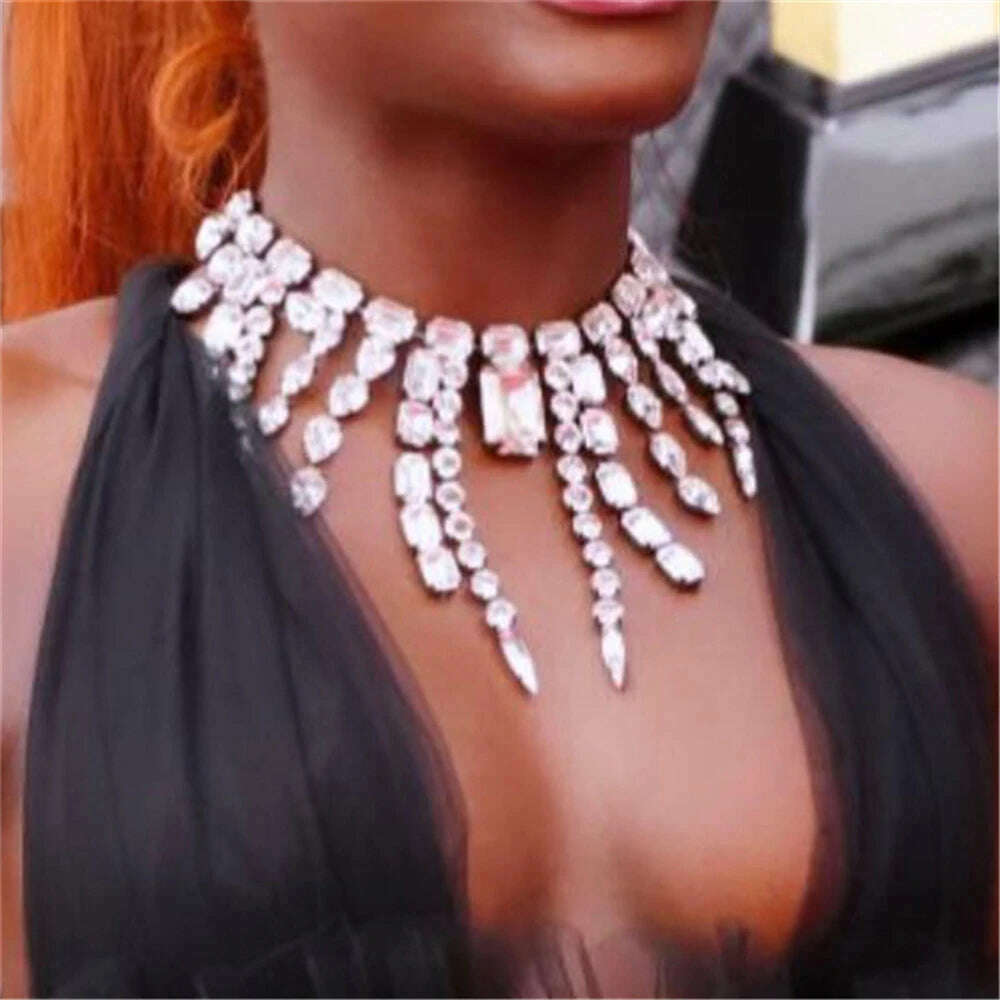 KIMLUD, Exaggerated Fashion Rhinestone Tassel Large Crystal Necklace Stage Show Elegance Necklace European American Accessories, KIMLUD Womens Clothes