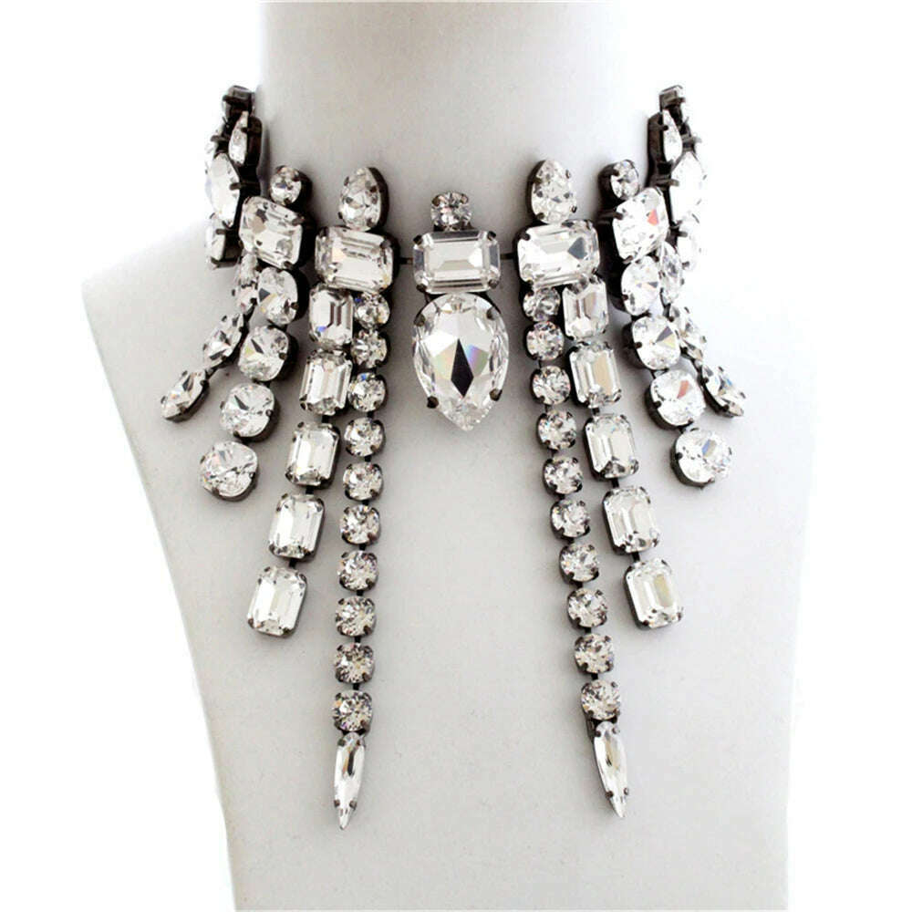 KIMLUD, Exaggerated Fashion Rhinestone Tassel Large Crystal Necklace Stage Show Elegance Necklace European American Accessories, KIMLUD Womens Clothes