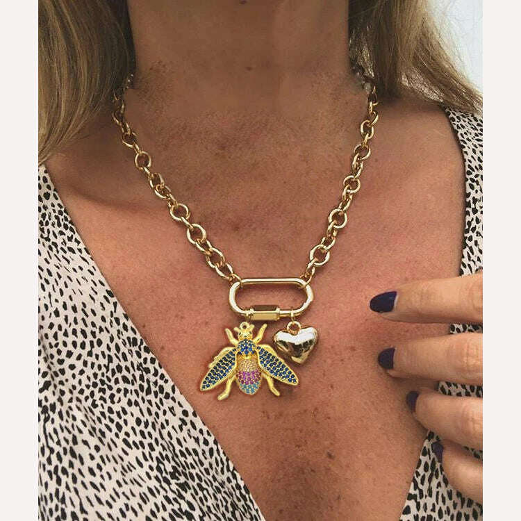 KIMLUD, Exaggerated pave zircon bee charm beatles women's pendant chunky hip-hop long chain necklace women's accessories gift Jewelry, necklace 28, KIMLUD APPAREL - Womens Clothes