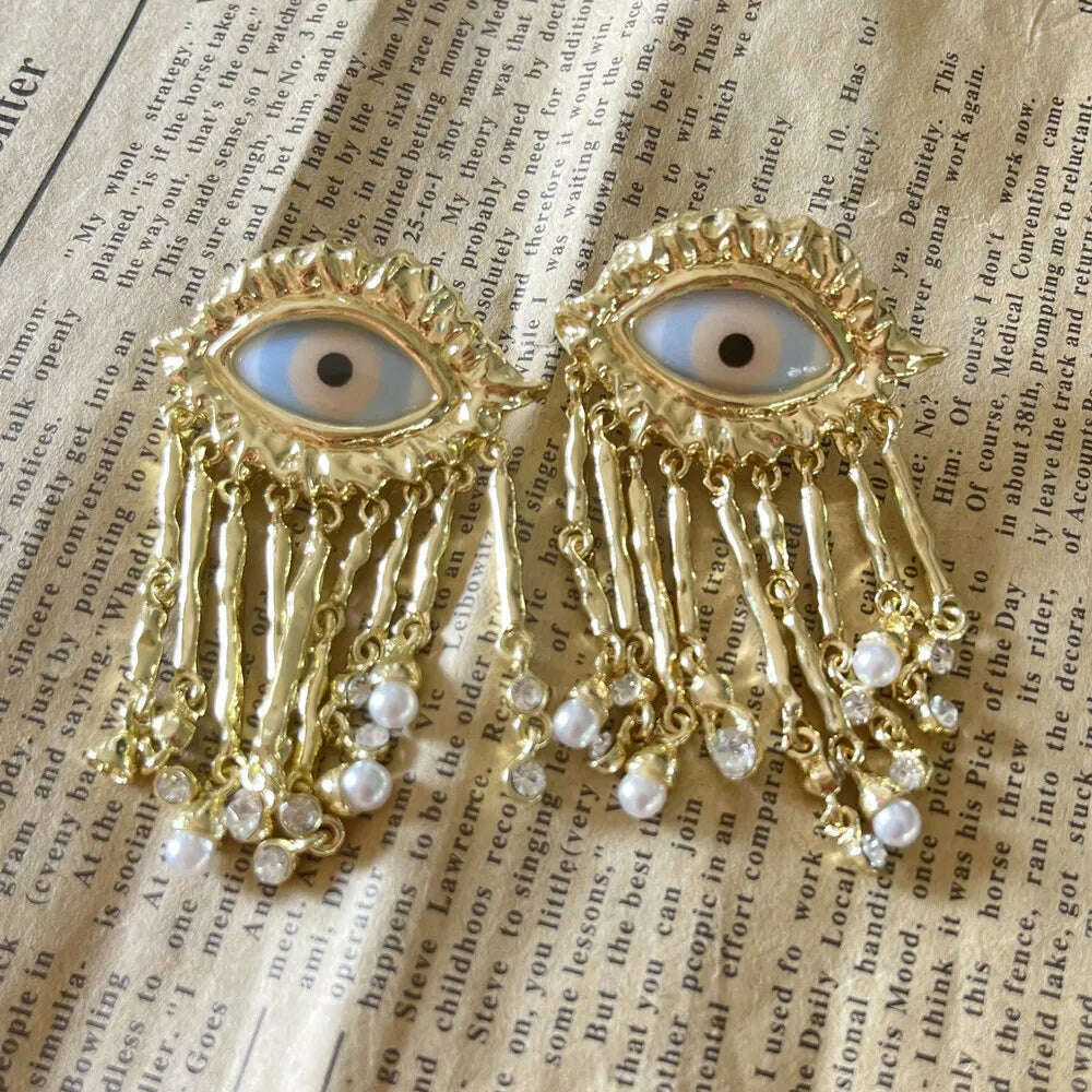 KIMLUD, Exaggerated Resin Eyes With Alloy Tassel Dangle Earrings For Women Fashion Jewelry Baroque Style New Lady Ears' Accessories, KIMLUD Womens Clothes