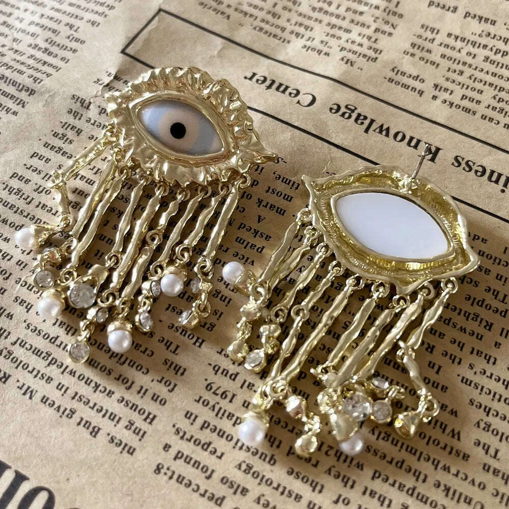 KIMLUD, Exaggerated Resin Eyes With Alloy Tassel Dangle Earrings For Women Fashion Jewelry Baroque Style New Lady Ears' Accessories, KIMLUD Womens Clothes