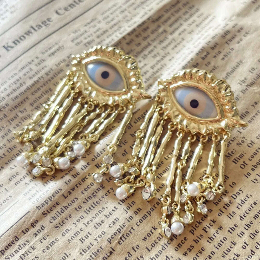 KIMLUD, Exaggerated Resin Eyes With Alloy Tassel Dangle Earrings For Women Fashion Jewelry Baroque Style New Lady Ears' Accessories, KIMLUD Women's Clothes
