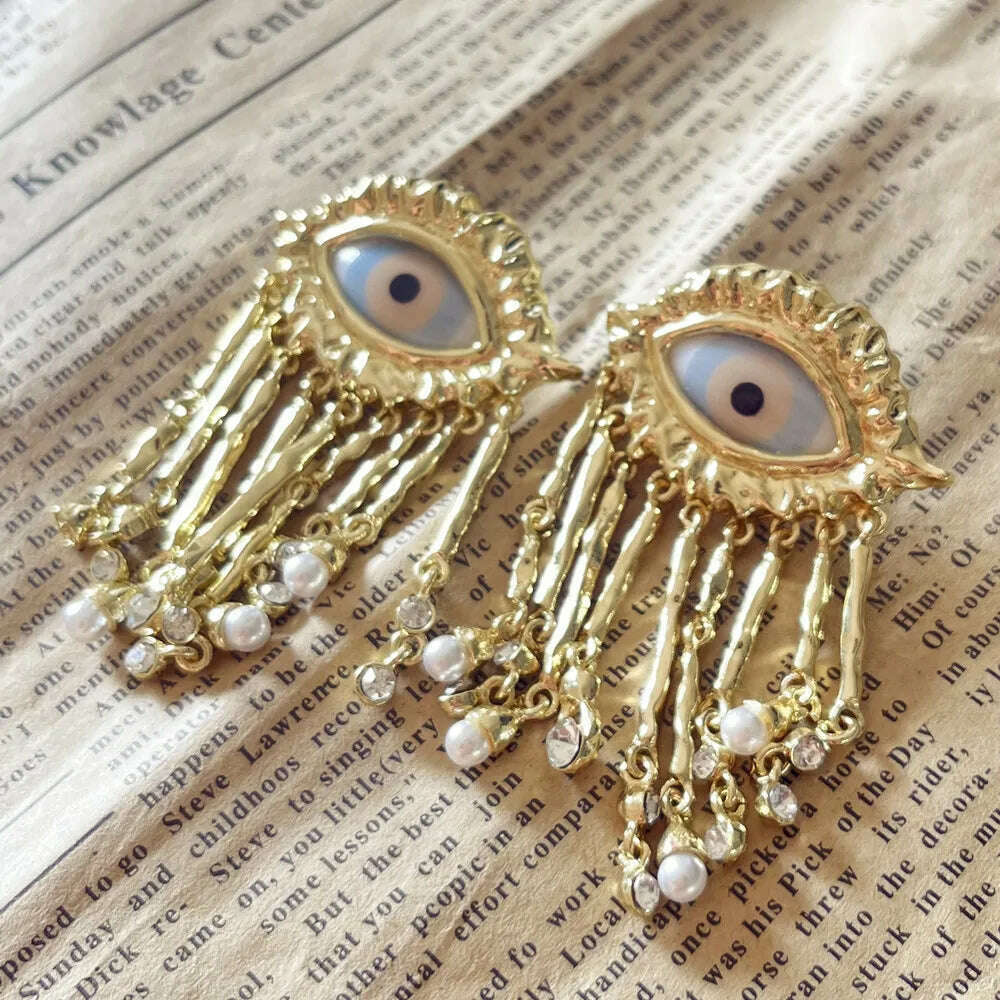 KIMLUD, Exaggerated Resin Eyes With Alloy Tassel Dangle Earrings For Women Fashion Jewelry Baroque Style New Lady Ears' Accessories, KIMLUD Womens Clothes