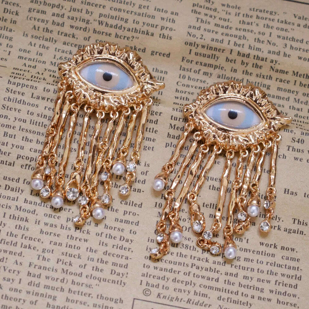 KIMLUD, Exaggerated Resin Eyes With Alloy Tassel Dangle Earrings For Women Fashion Jewelry Baroque Style New Lady Ears' Accessories, gold, KIMLUD Womens Clothes
