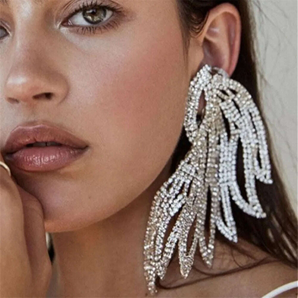 Exaggerated Rhinestone Oversized Wing Drop Earrings Dinner Jewelry for Women Crystal Irregular Big Dangle Earrings Accessories, KIMLUD Women's Clothes