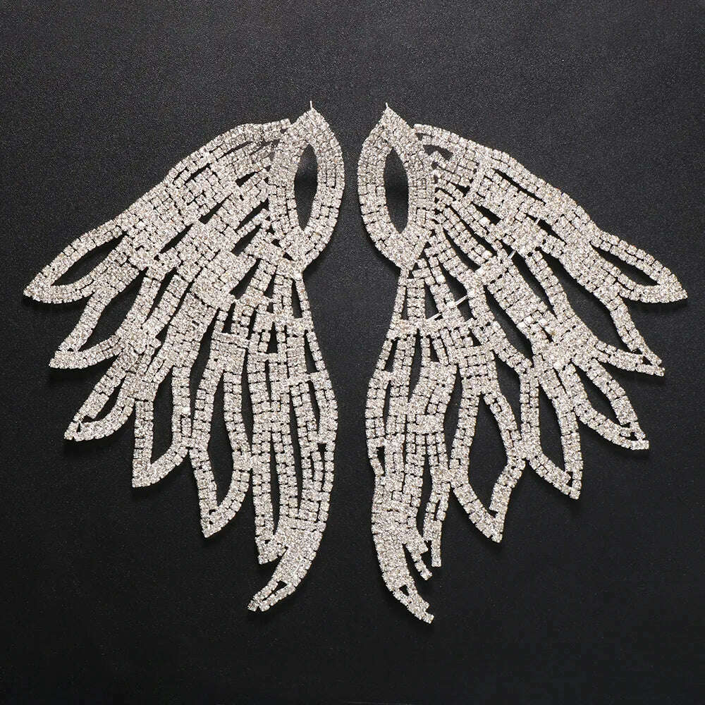 KIMLUD, Exaggerated Rhinestone Oversized Wing Drop Earrings Dinner Jewelry for Women Crystal Irregular Big Dangle Earrings Accessories, Silver Plated, KIMLUD Womens Clothes
